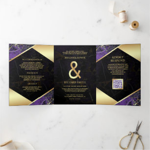 Royal Purple Gold Marble Ampersand QR Code Wedding Tri-Fold Invitation