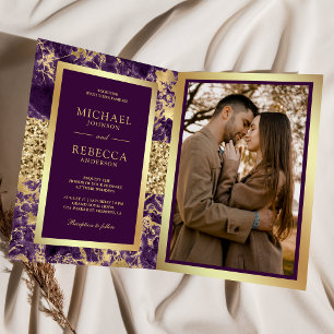 Royal Purple Gold Marble Photo QR Code Wedding Invitation