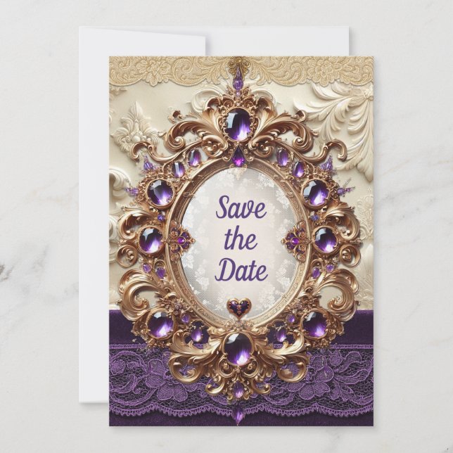 Royal Purple & Gold Save the Date Card  (Front)