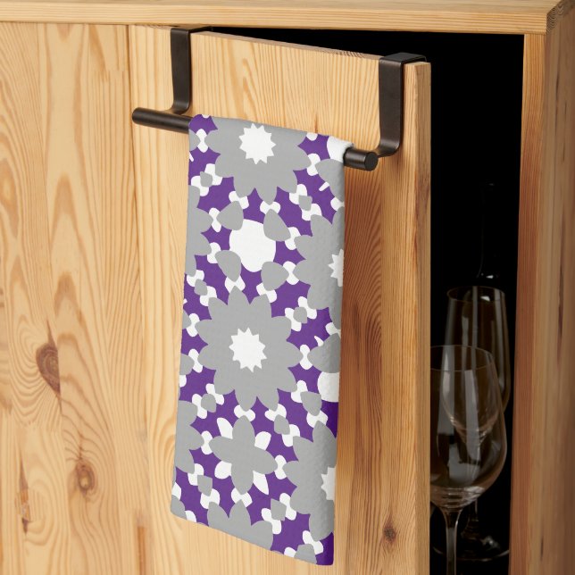 Royal Purple Grey White Connected Circles Pattern Kitchen Towel (Thirds Fold)