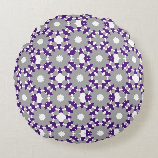 Royal Purple Grey White Connected Circles Pattern Round Pillow (Front)