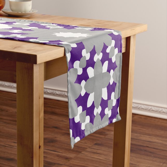 Royal Purple Grey White Connected Circles Pattern Short Table Runner (In Situ)