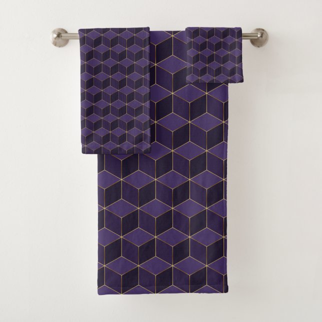 Royal Purple hexagons and golden details Bath Towel Set (Insitu)