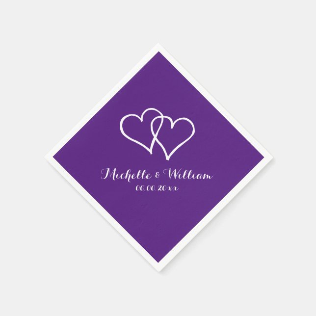 Royal purple interlocking hearts wedding napkins (Corner)