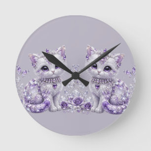 Royal Purple Jewelled Kitten Fantasy Round Clock