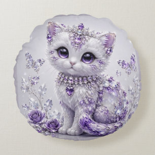 Royal Purple Jewelled Kitten Fantasy Round Pillow
