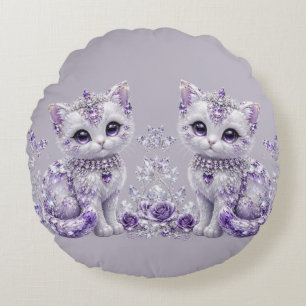 Royal Purple Jewelled Kitten Fantasy Round Pillow