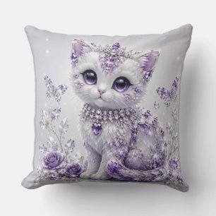 Royal Purple Jewelled Kitten Fantasy Throw Pillow