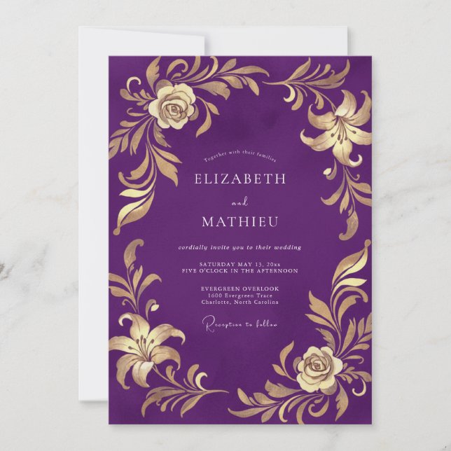 Royal Purple Lily Wedding Invitation (Front)