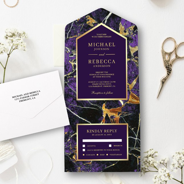 Royal Purple Marble Faux Gold Foil Wedding All In One Invitation (Creator Uploaded)