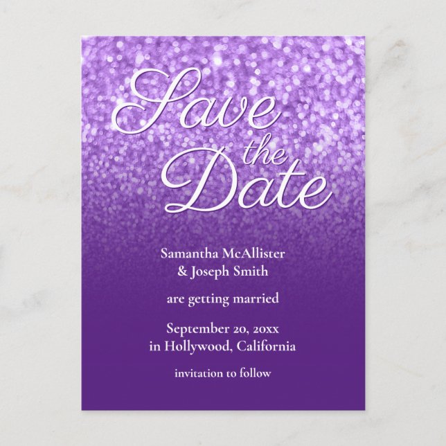 Royal Purple Ombre Bokeh Glitter Save the Date Postcard (Front)
