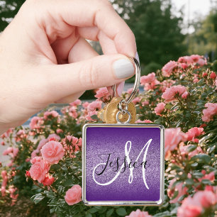 Royal Purple Ombre Edge Amethyst Glitter Monogram Keychain