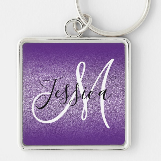 Royal Purple Ombre Edge Amethyst Glitter Monogram Keychain (Front)