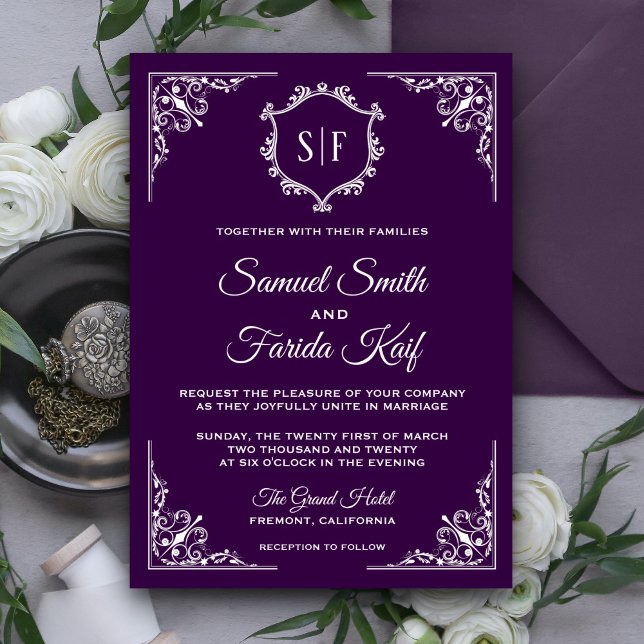 Royal Purple Ornate Monogram Wedding Invitation (Creator Uploaded)