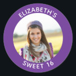 Royal Purple Photo Sweet 16 Birthday Favour Classic Round Sticker<br><div class="desc">Create your own personalized royal purple border round framed photo favour stickers.
You can customize the solid background colour.
If you change the all caps style or font face,  you can change the curvature of the text in small increments if needed.
Have fun creating your own custom design.</div>