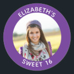 Royal Purple Photo Sweet 16 Birthday Favour Classic Round Sticker<br><div class="desc">Create your own personalized royal purple border round framed photo favour stickers.
You can customize the solid background colour.
If you change the all caps style or font face,  you can change the curvature of the text in small increments if needed.
Have fun creating your own custom design.</div>