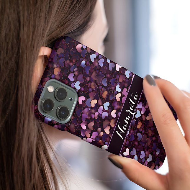 Royal Purple Pink Gold Hearts Monogram iPhone Case (Creator Uploaded)