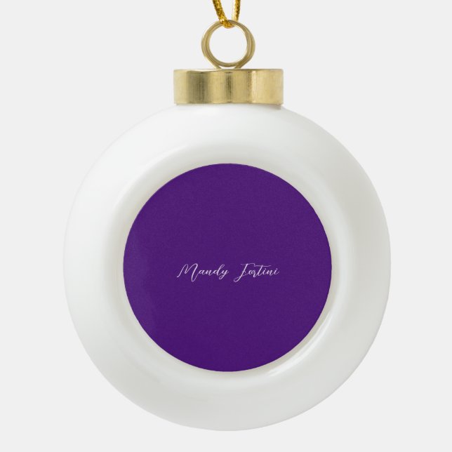 Royal Purple Plain Elegant Minimalist Calligraphy Ceramic Ball Christmas Ornament (Front)