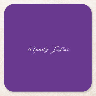 Royal Purple Plain Elegant Minimalist Calligraphy Square Paper Coaster