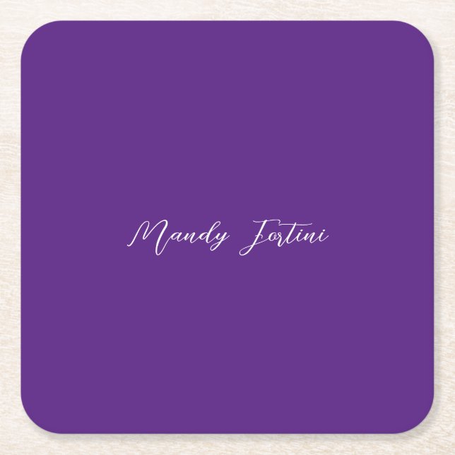 Royal Purple Plain Elegant Minimalist Calligraphy Square Paper Coaster (Front)