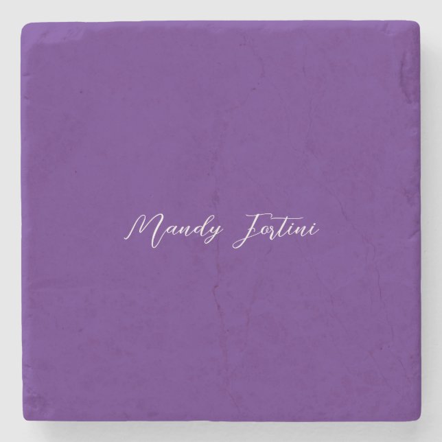 Royal Purple Plain Elegant Minimalist Calligraphy Stone Coaster (Front)