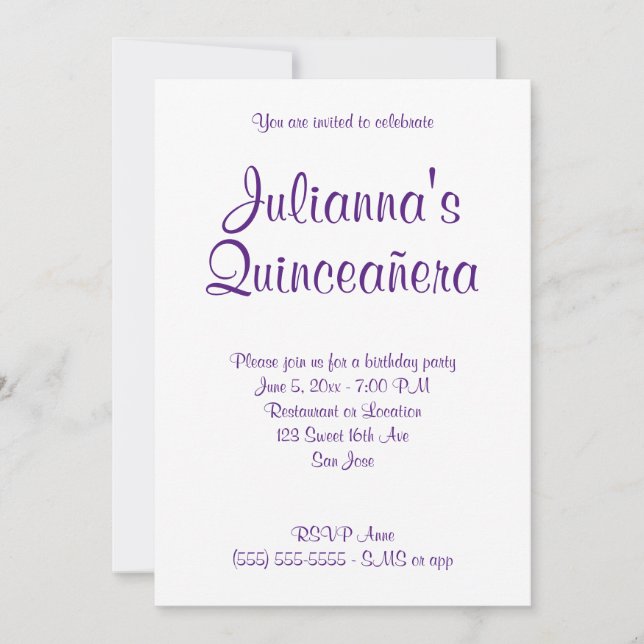 Royal Purple Quinceañera Calligraphy Birthday Invitation (Front)