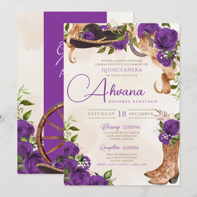 Royal Purple Quinceanera Violet Charra Western Invitation (Front/Back)