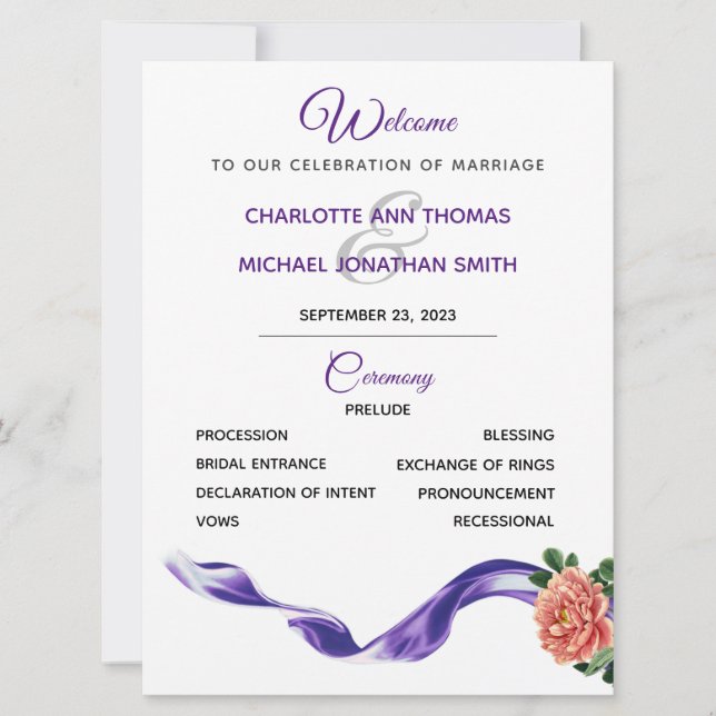 Royal Purple Ribbon Wedding Program (Front)