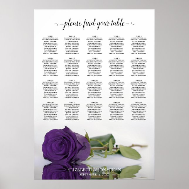 Royal Purple Rose 20 Table Wedding Seating Chart (Front)