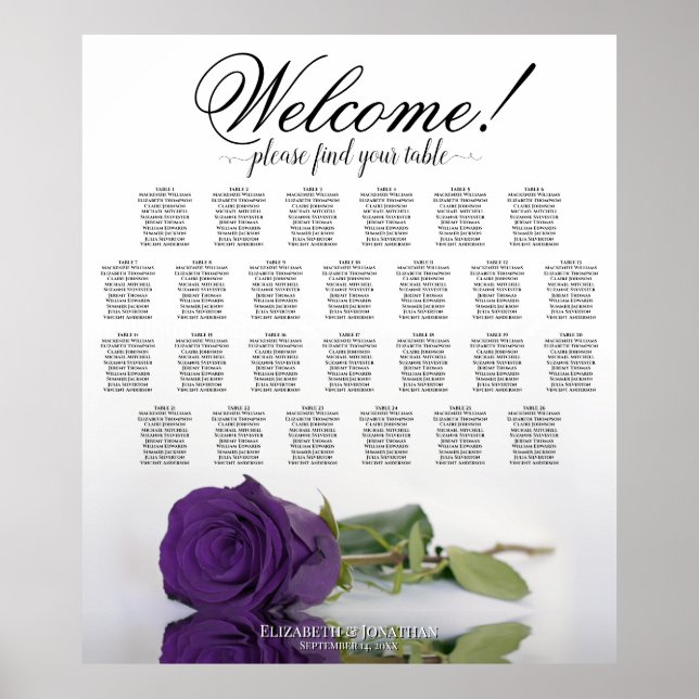 Royal Purple Rose 26 Table Wedding Seating Chart (Front)