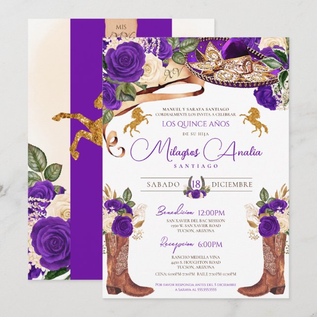 Royal Purple Rose Fancy Western Charro Invitation (Front/Back)