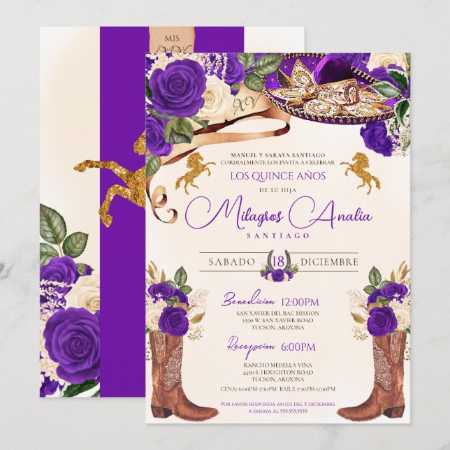 Royal Purple Rose Mariachi Elegant Western Charro Invitation (Front/Back)