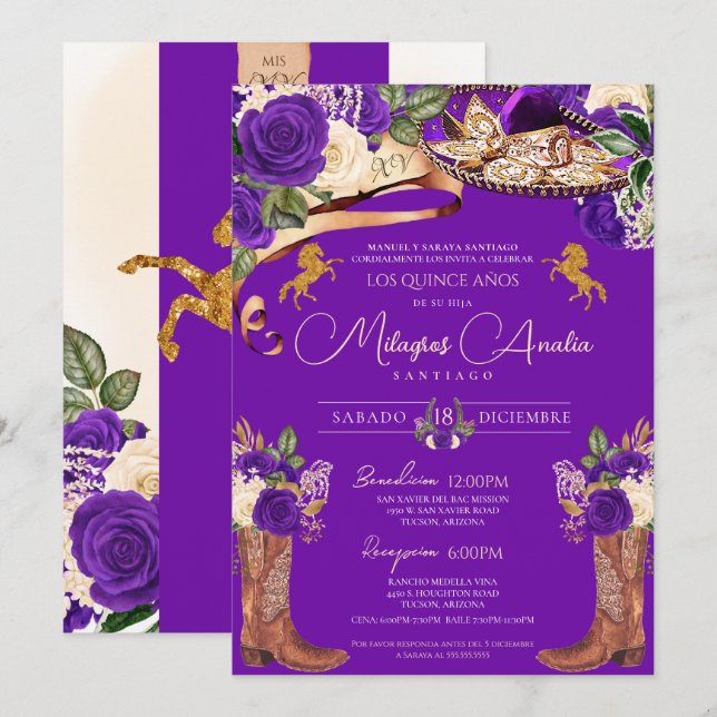 Royal Purple Rose Mariachi Fancy Western Charra Invitation (Front/Back)