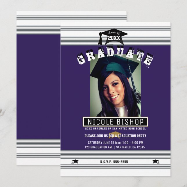 Royal Purple Silver Elegant Photo Graduation Party Invitation (Front/Back)