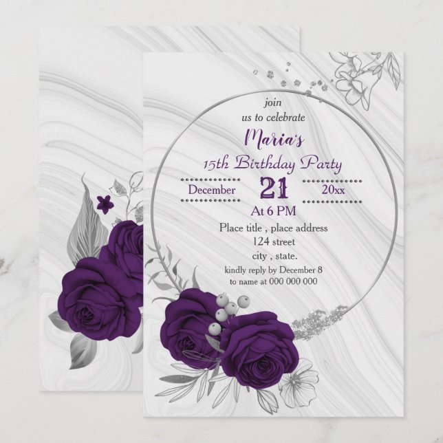 royal purple silver floral geometric birthday invitation (Front/Back)