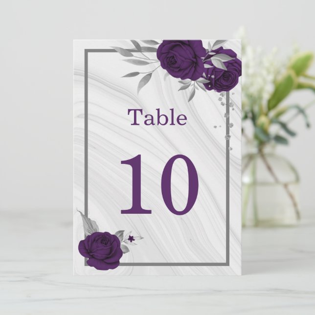 royal purple silver floral geometric table number (Standing Front)