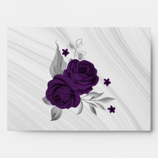 royal purple silver floral marble wedding envelope (Front)