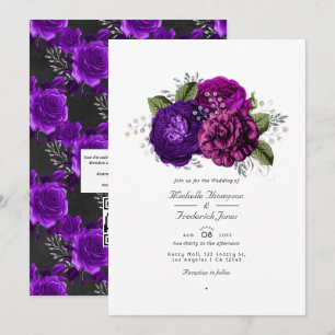Royal Purple & Silver Floral QR Code RSVP Wedding Invitation