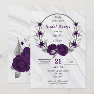 royal purple silver floral wreath bridal shower invitation