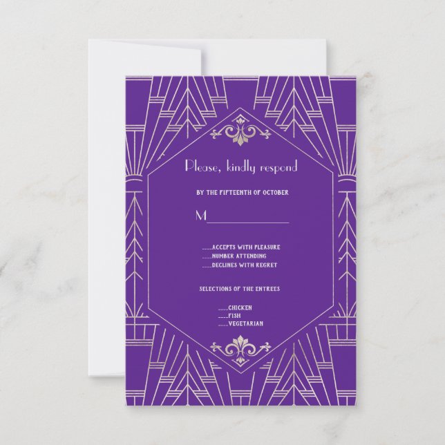 Royal Purple Silver Great 20s Wedding RSVP (Front)