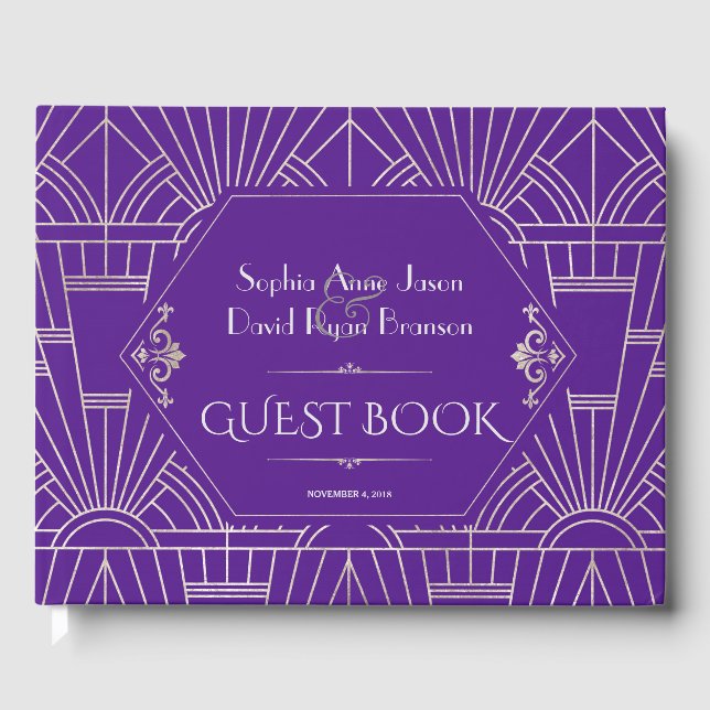 Royal Purple Silver Great Gatsby Wedding Guest Book (Front)