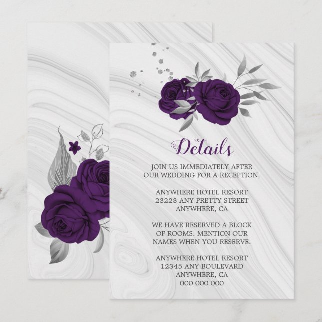 royal purple silver grey floral marble details enclosure card (Front/Back)