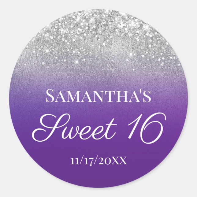 Royal Purple Silver Ombre Glitter Sweet 16 Classic Round Sticker (Front)