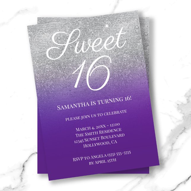 Royal Purple Silver Ombre Glitter Sweet 16 Invitation (Royal Purple Silver Ombre Glitter Sweet 16 Invitation)