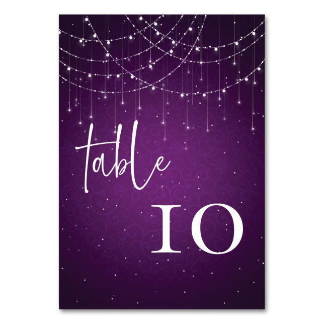 Royal Purple String Lights Wedding Table Number (Front)
