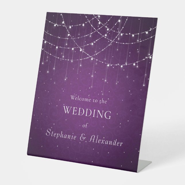 Royal Purple & String Lights Welcome to Wedding Pedestal Sign (Front)