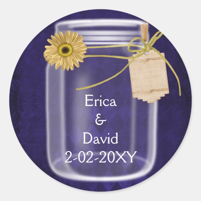 royal purple, sunflower mason jar wedding seals (Front)