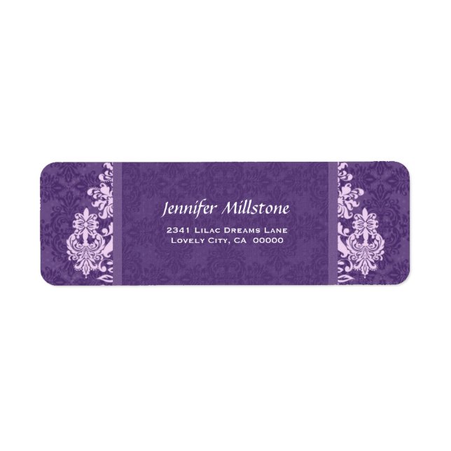 ROYAL PURPLE Swirl Damask Wedding Address Label (Front)