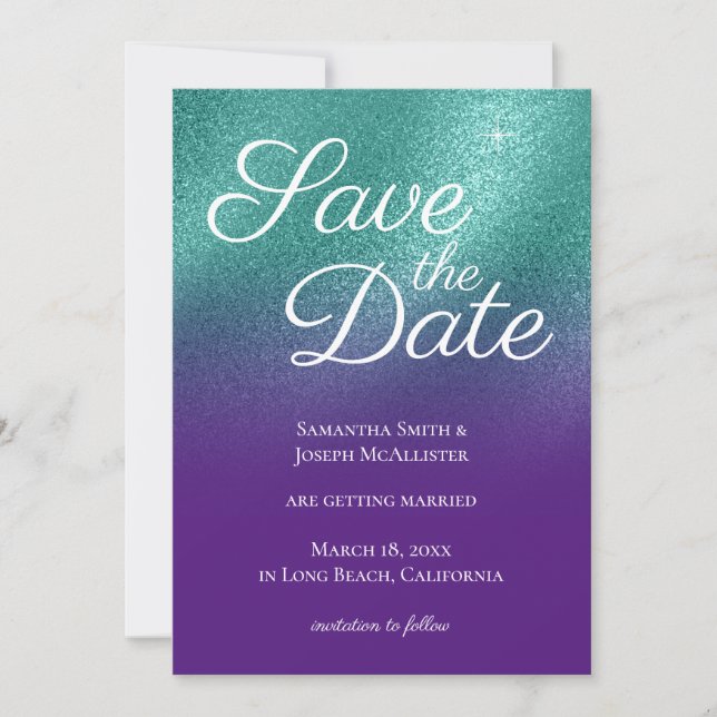 Royal Purple Teal Glitter Ombre Save the Date Invitation (Front)