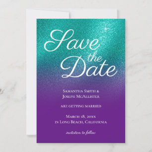 Royal Purple Teal Glitter Ombre Save the Date Invitation